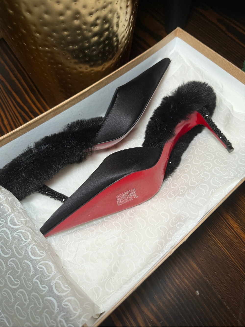 Black Satin Pointed Toe Fur-Trim Heels